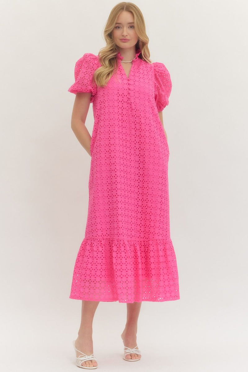 hot pink puff sleeve dress Eyelet Short Puff Sleeve Hot Pink Midi Dress With Pockets Small