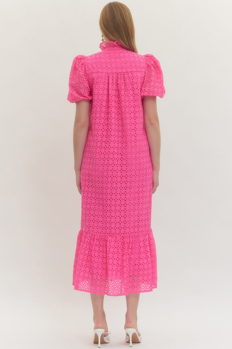 hot pink dress midi Eyelet Short Puff Sleeve Hot Pink Midi Dress With Pockets Small