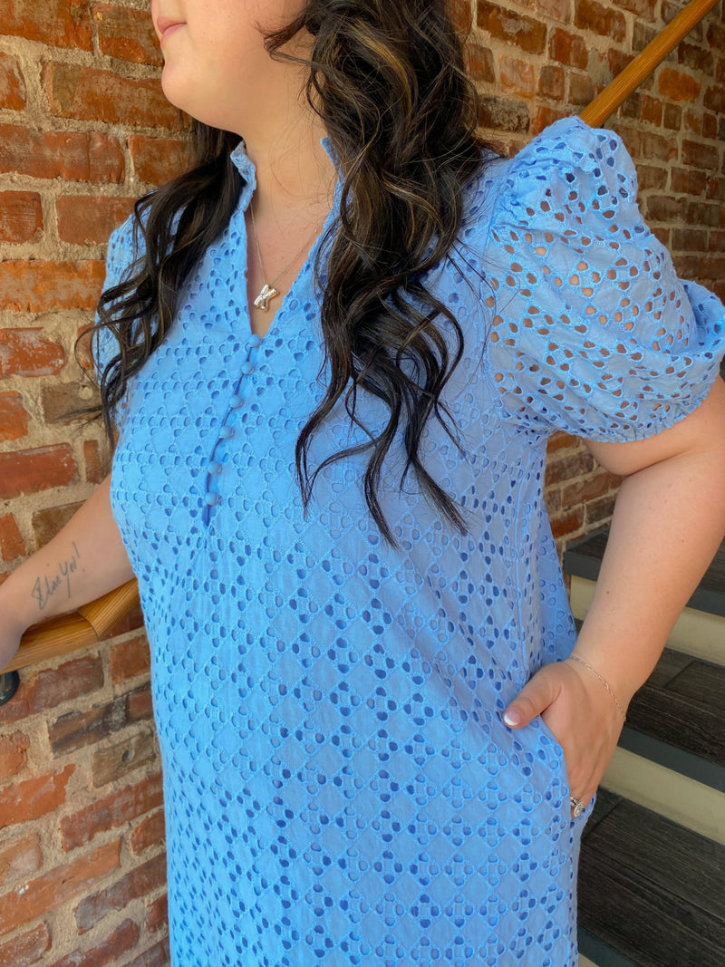 Eyelet Short Puff Sleeve Light Blue Midi Dress With Pockets