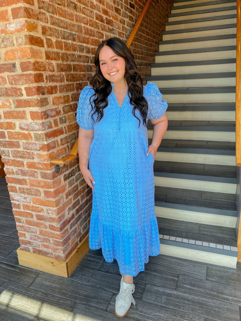 Eyelet Short Puff Sleeve Light Blue Midi Dress With Pockets Large