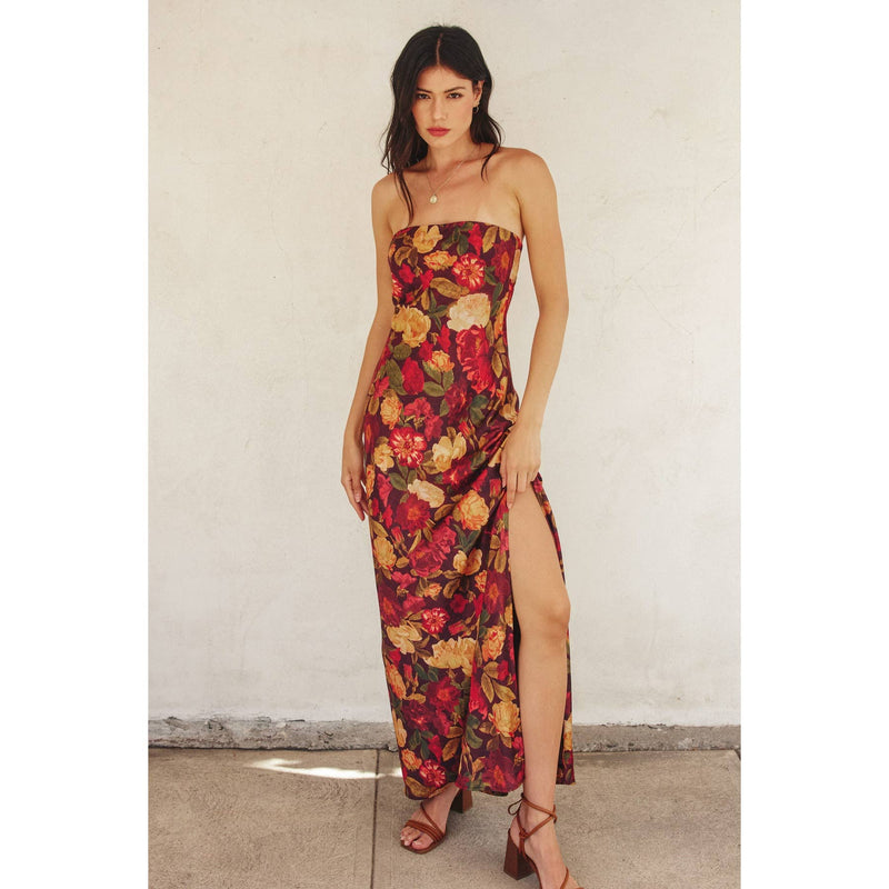 bias cut maxi dress Florence Sangria Bloom Floral Strapless Bias Cut Maxi Dress Small