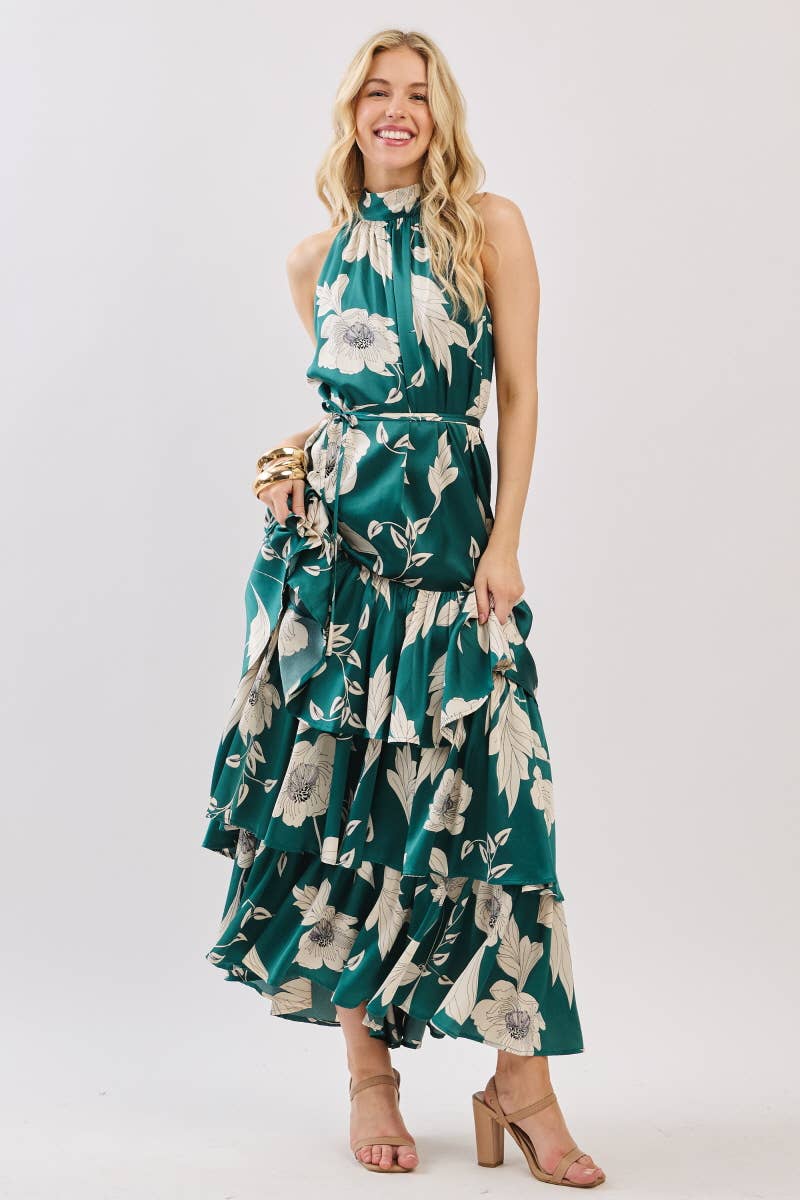 Green and Ivory Floral Satin Mock Halter Neck Tiered Maxi Dress Green and Ivory Floral Satin Mock Halter Neck Tiered Maxi Dress