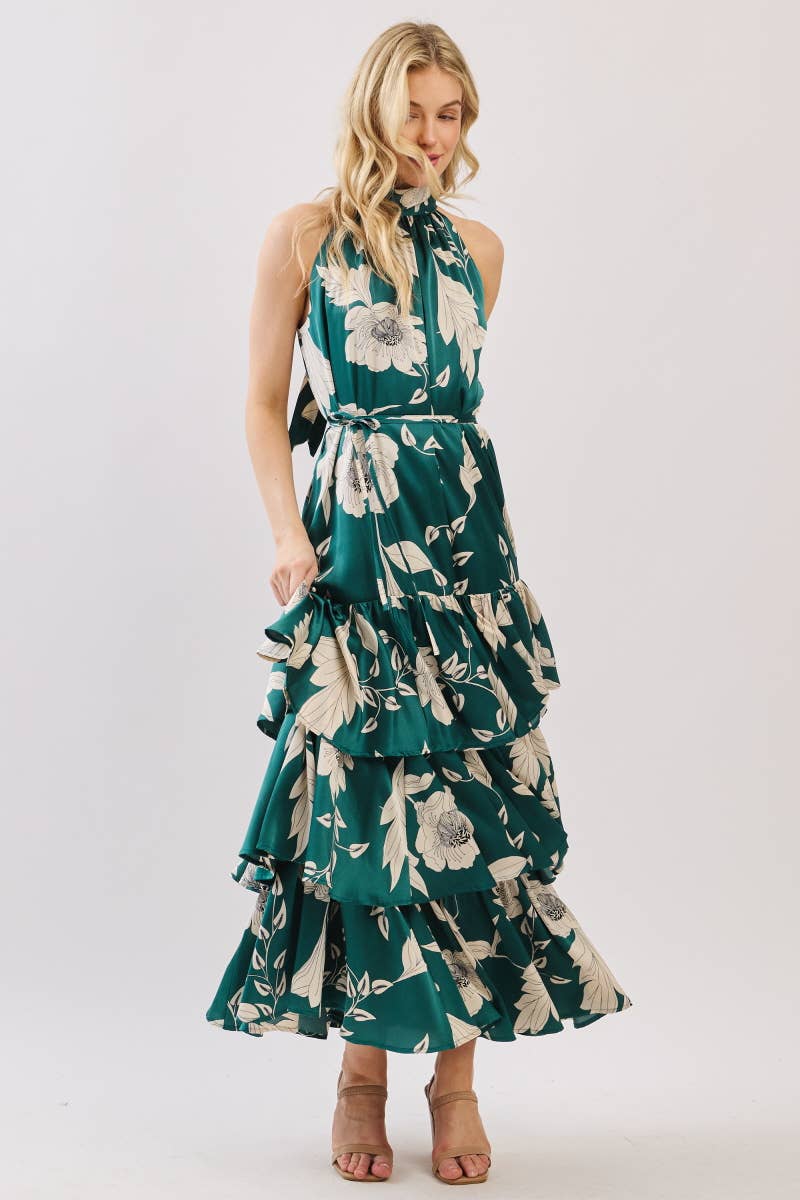 Green and Ivory Floral Satin Mock Halter Neck Tiered Maxi Dress Green and Ivory Floral Satin Mock Halter Neck Tiered Maxi Dress