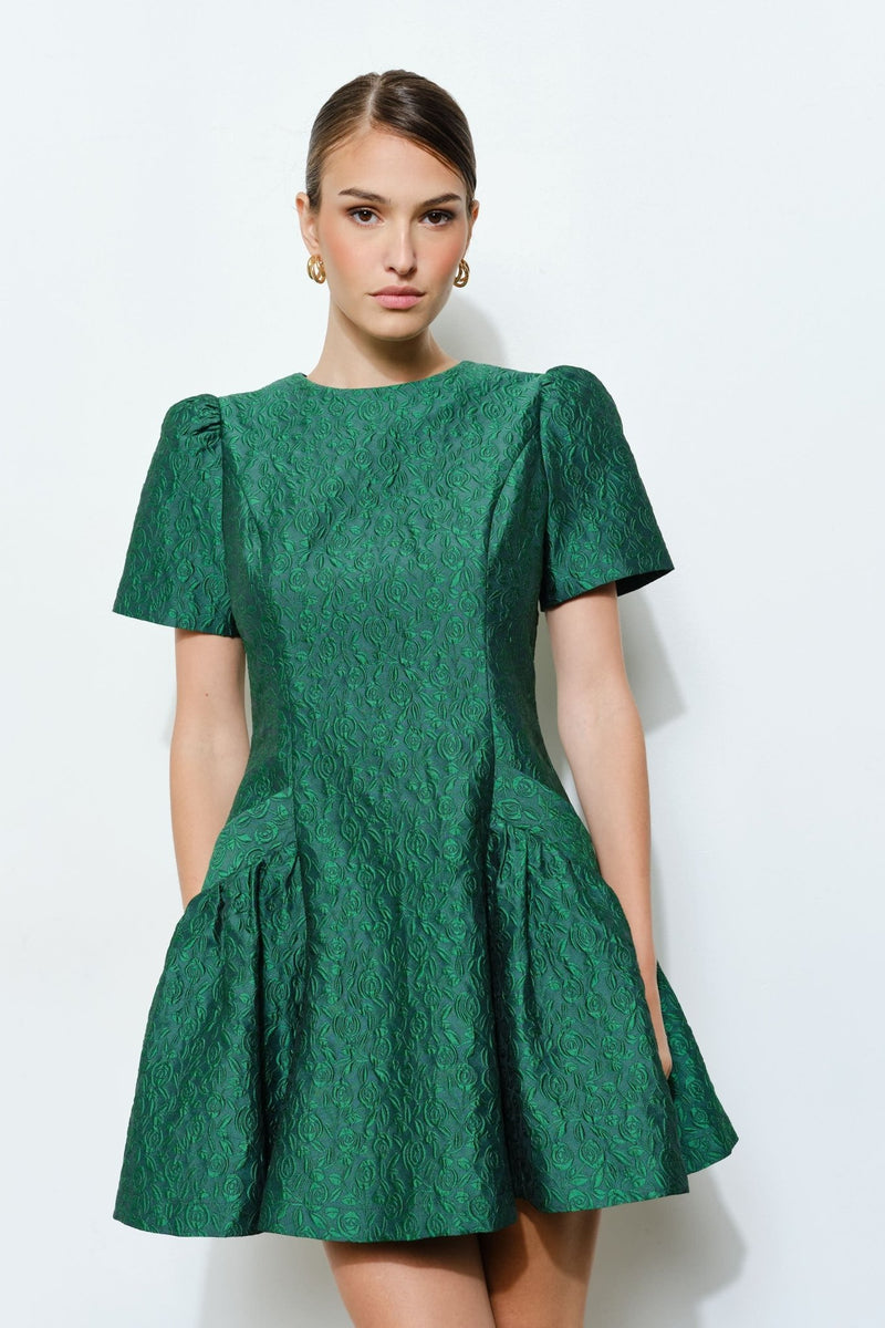 Green Jacquard Puff-Sleeve Fit-And-Flare Mini Dress Medium Green Jacquard Puff-Sleeve Fit-And-Flare Mini Dress Medium