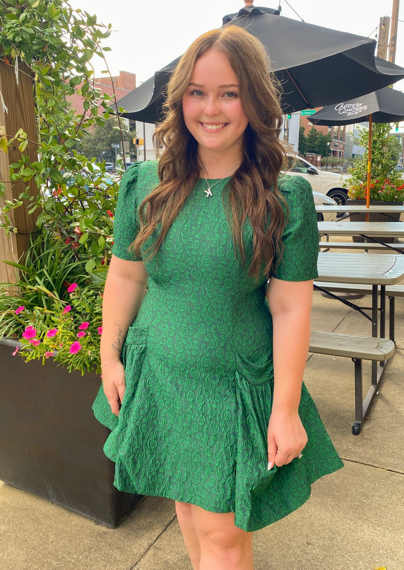Green Jacquard Puff-Sleeve Fit-And-Flare Mini Dress Medium