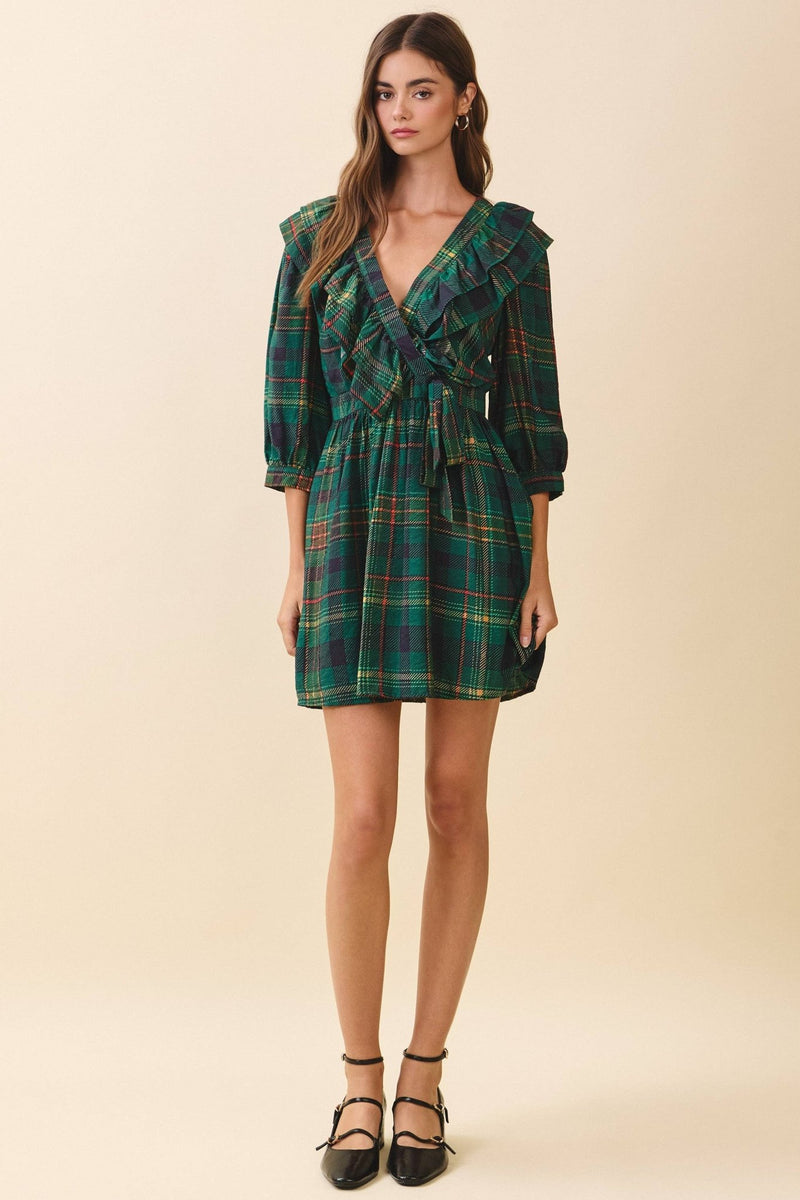 Green Plaid Deep V Neck Ruffle Trim Detail Wrap Dress Large