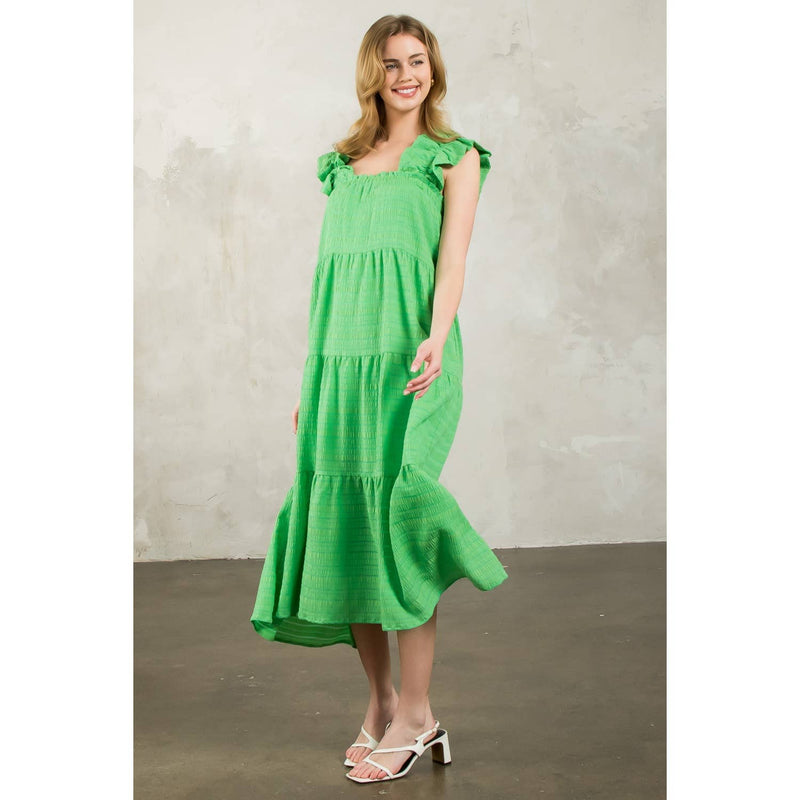 Green Ruffle Strap Textured Maxi Dress
