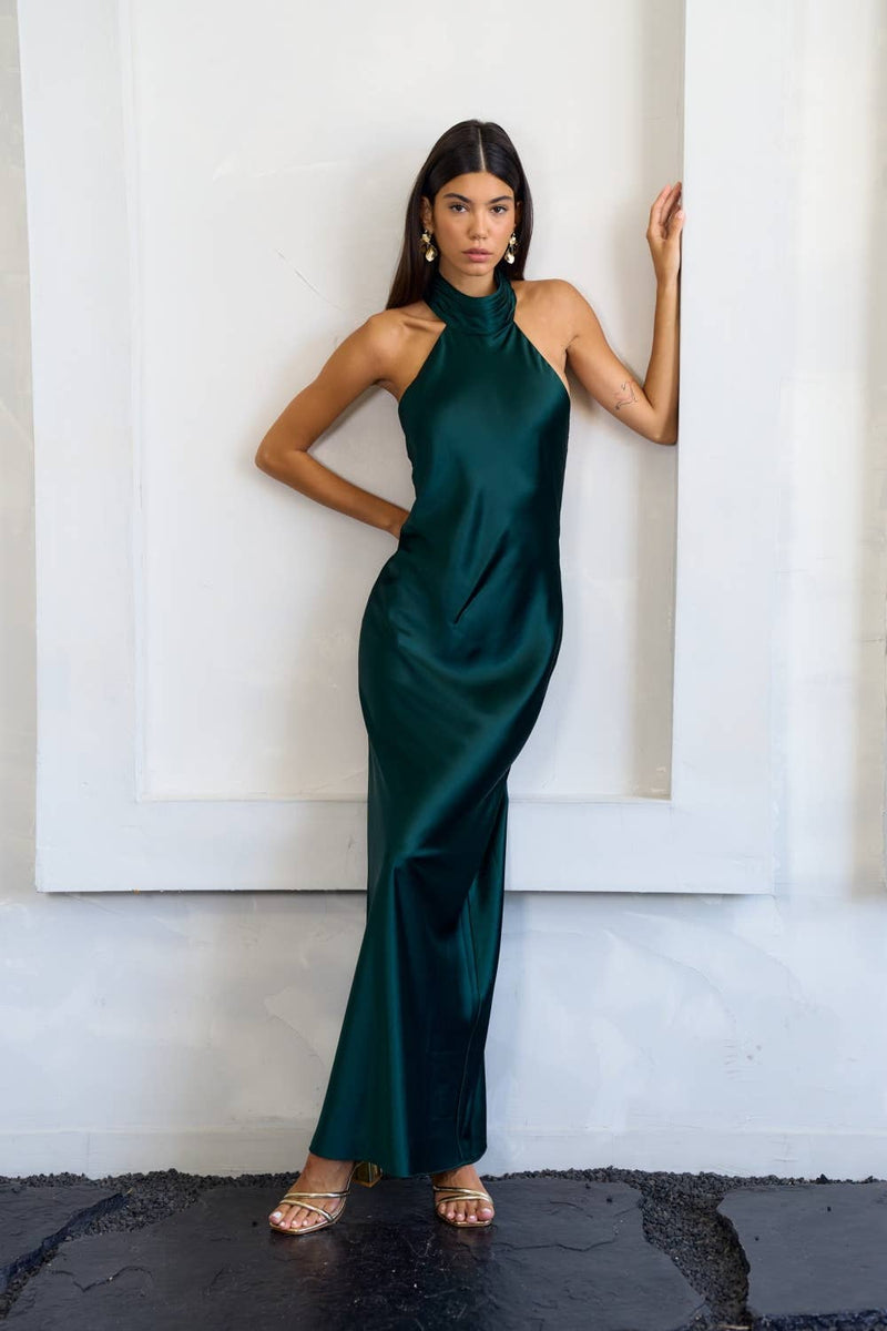 Green Silk Halter Maxi Dress