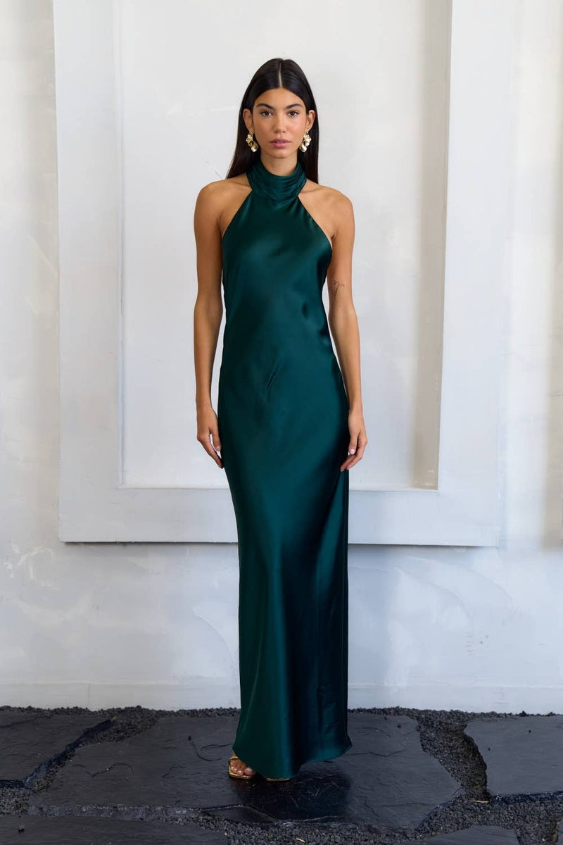 green silk halter neck dress Maxi zara green satin dress