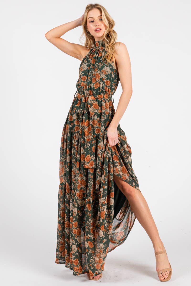 Buy Hunter Green and Rust Floral Print Mock Halter Neck Tiered Maxi Dress Online | Sissy Boutique Buy Hunter Green and Rust Floral Print Mock Halter Neck Tiered Maxi Dress Online | Sissy Boutique