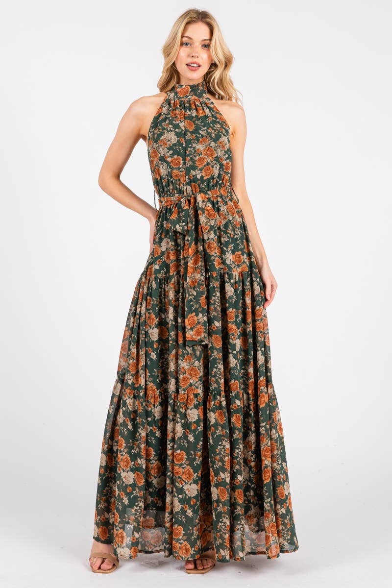 knee length dresses for ladies Spring Temperament Black Maxi Dress and Elegant High Neck Long Sleeve Dress with Floral Accent (MA220), Black / XXL main image 0