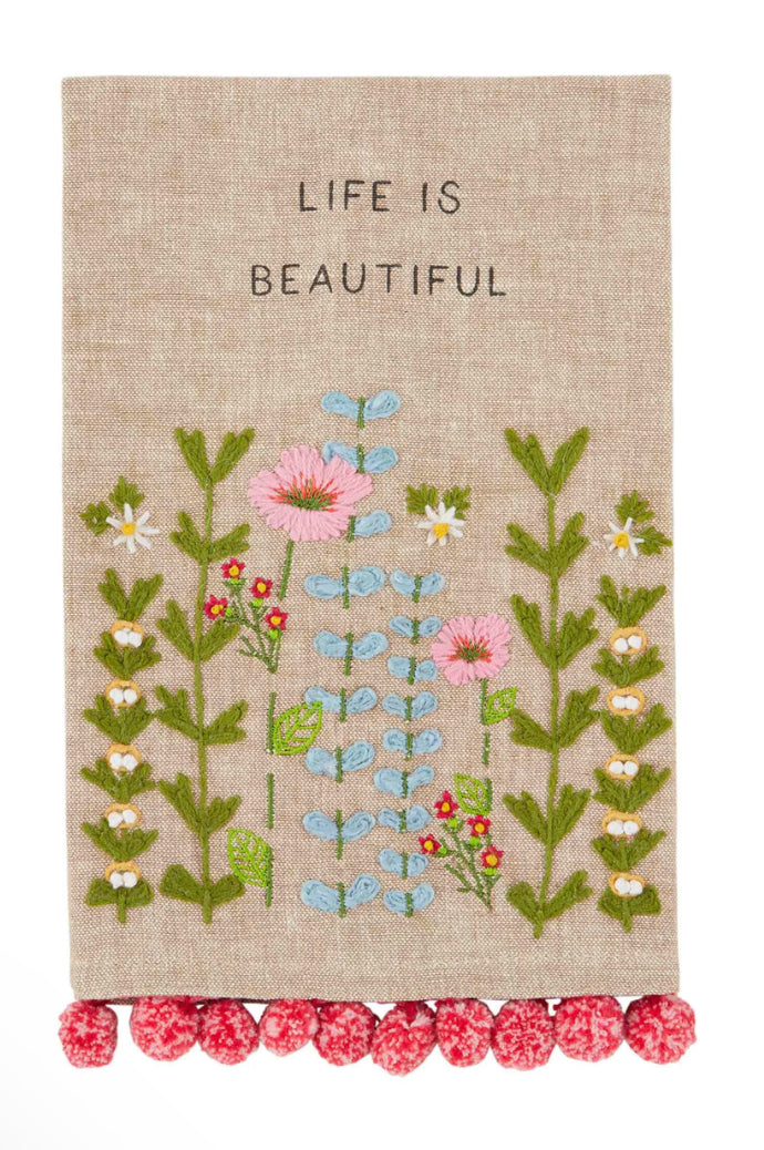 LIFE IS BEAUTIFUL FLORAL POM TOWEL-Sissy Boutique-Sissy Boutique