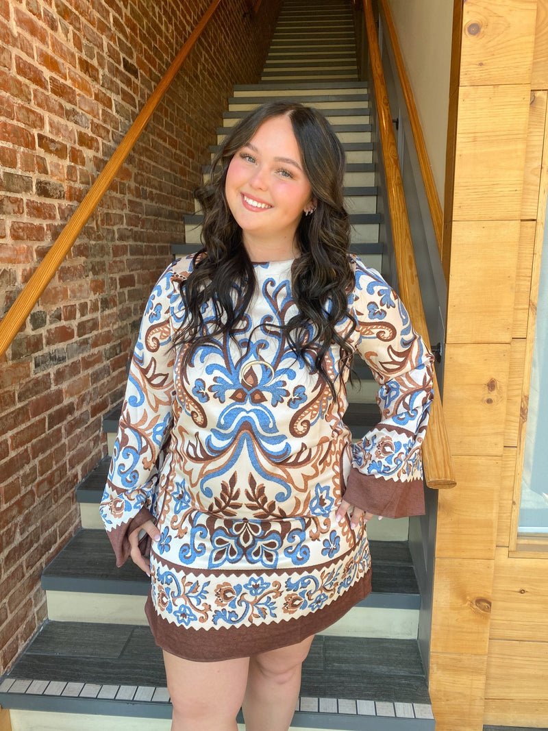 Kali Ivory Brown and Blue Border Print Mini Dress X-Large Kali Ivory Brown and Blue Border Print Mini Dress X-Large