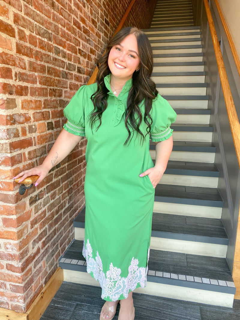 kelly green short dress Sleeve and White Lace Appliqué with V-Neck Ruffled Collar and White Lace Applique' Medium Short sleeves keep it varcolor_Fairytale Toile Core Colors:Olive Dressing For Success Satin