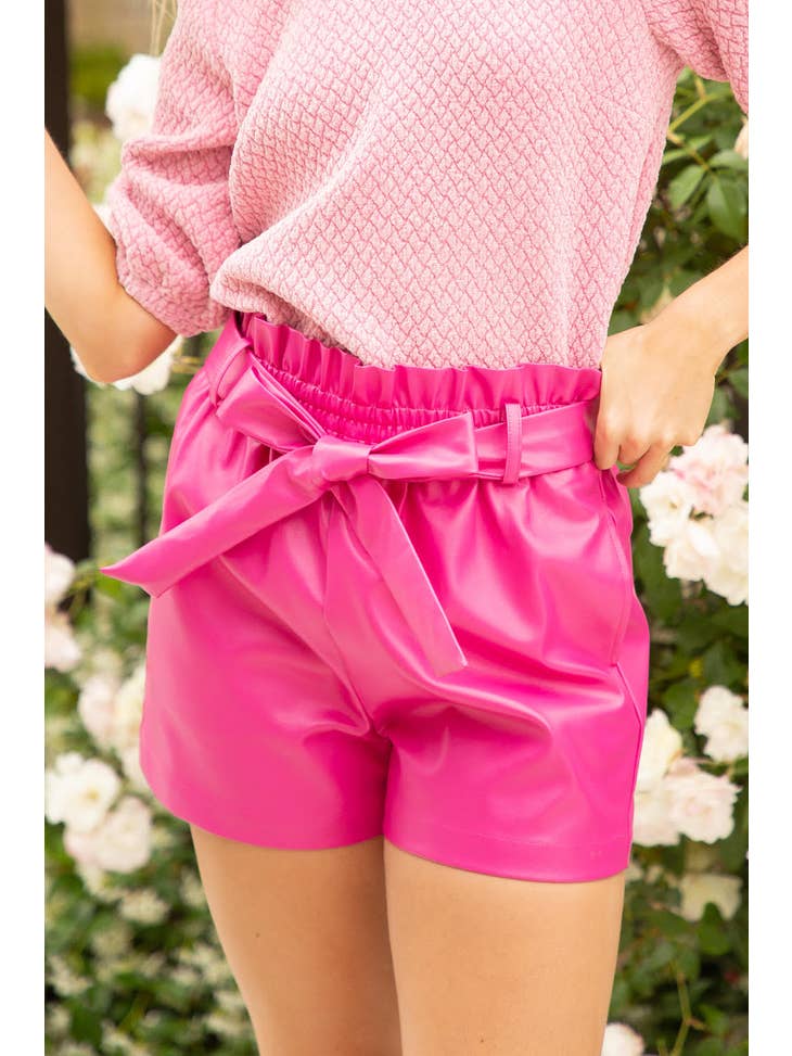 kirakira suger ribbon short pants ピンク Buy KENZIE FUCHSIA / HOT PINK VEGAN LEATHER RIBBON SHORTS Online