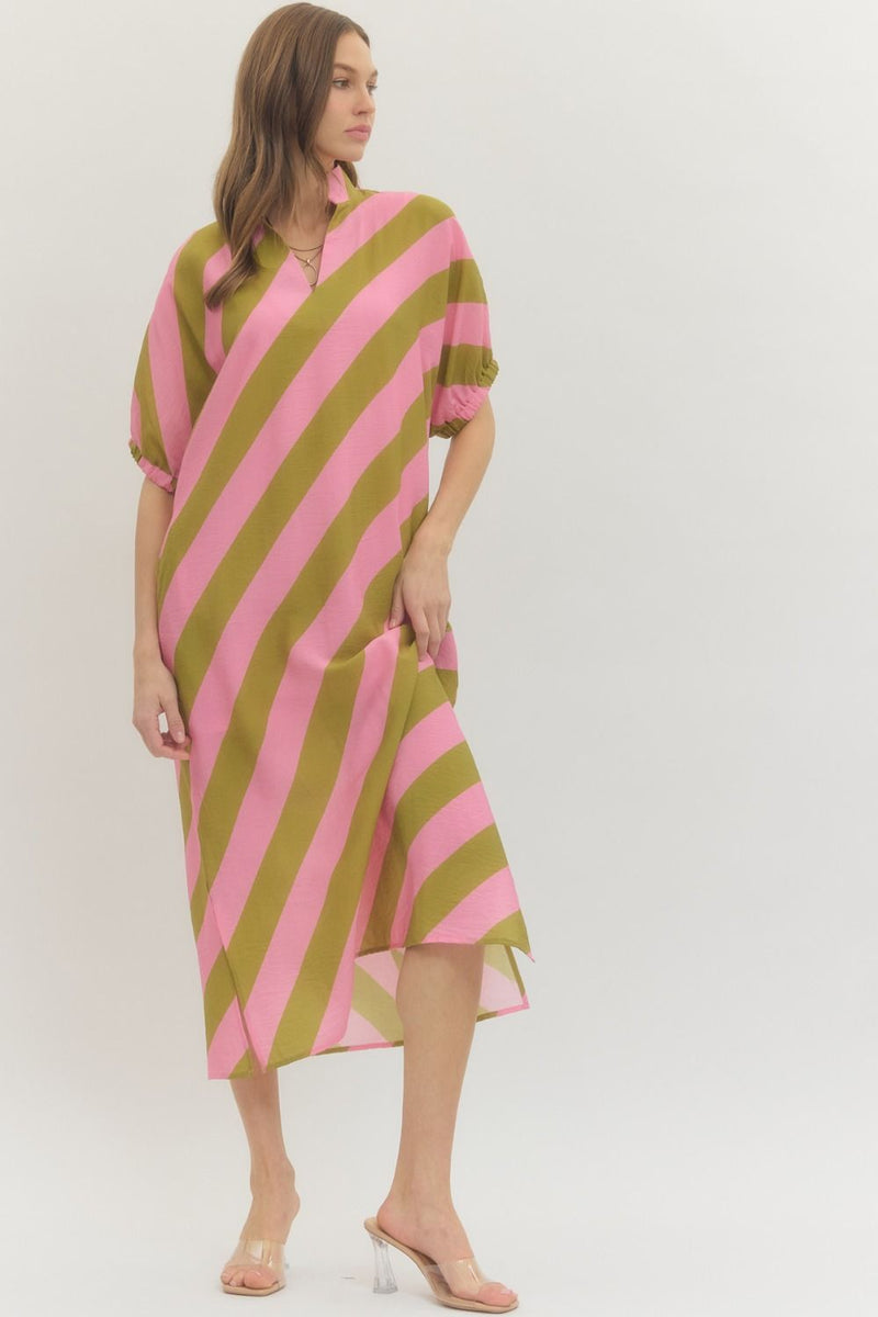 Kiwi Pink And Green Stripe Dolman Sleeve V-Neck Midi Dress