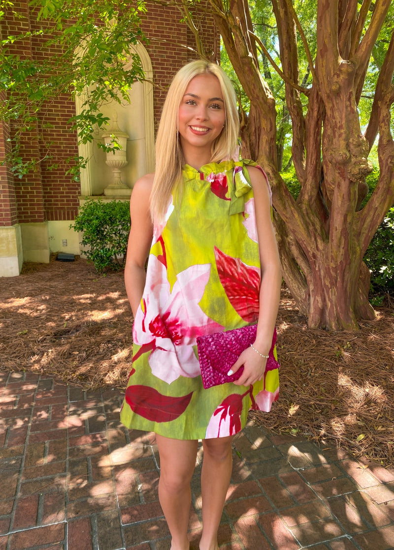Lime Mini Dress Ruffle Neck Tie Sleeveless Floral Print