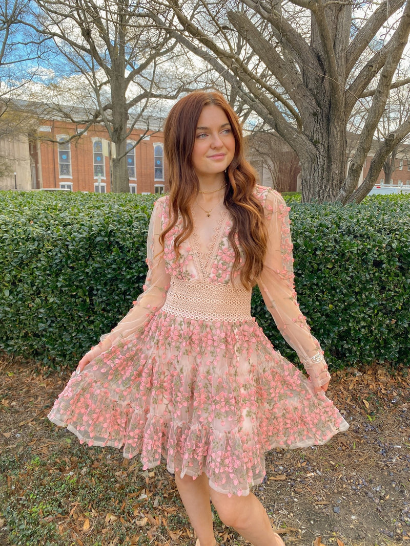 Mauve Floral Embroidered Lace Mini Dress Medium