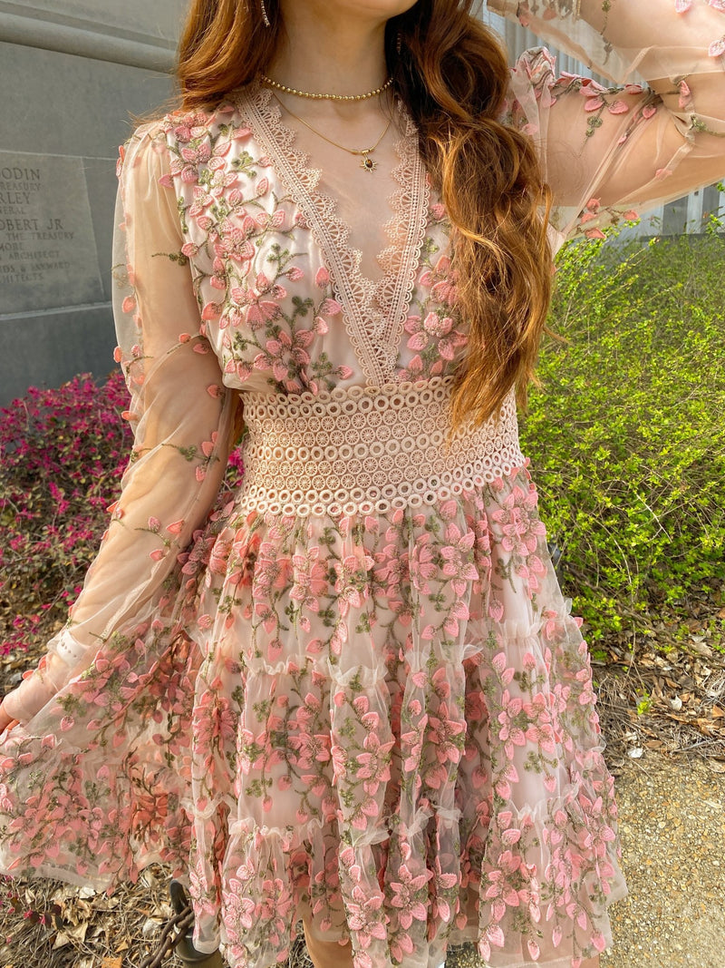 Mauve Floral Embroidered Lace Mini Dress Large