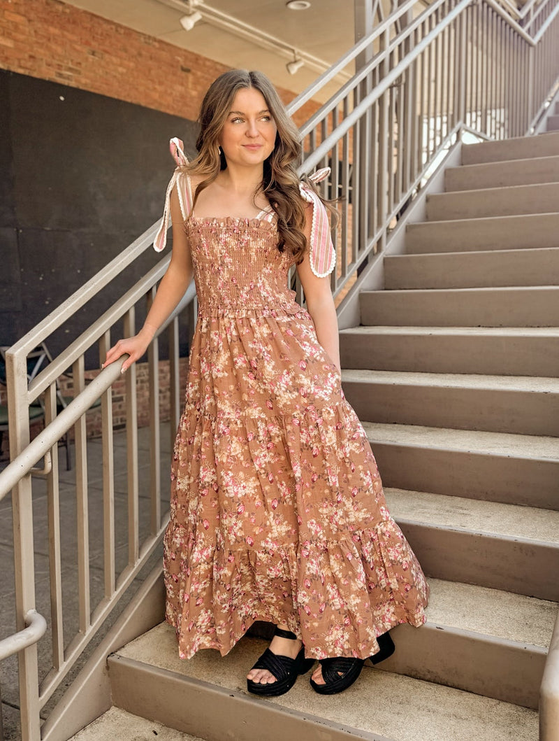 MAUVE FLORAL PRINTED LACE MAXI TIERED DRESS