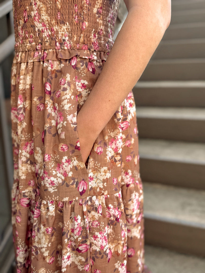 MAUVE FLORAL PRINTED LACE MAXI TIERED DRESS MAUVE FLORAL PRINTED LACE MAXI TIERED DRESS