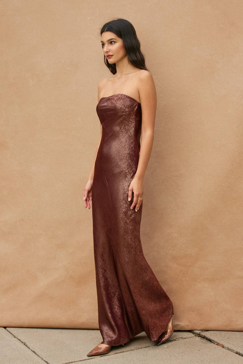 Metallic Strapless Draped Back Maxi Dress Medium Metallic Strapless Draped Back Maxi Dress Medium