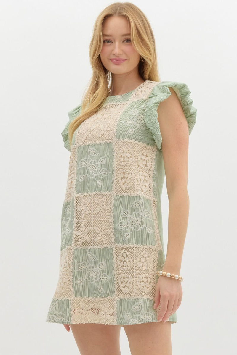 Mint Green and Ivory Crochet Panel Round Neck Mini Dress Small Mint Green and Ivory Crochet Panel Round Neck Mini Dress Small
