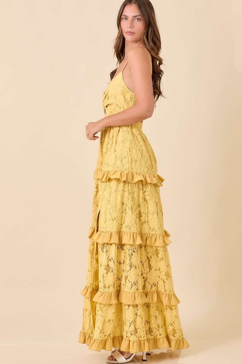 Buy Mustard Gold Laced Ruffled Tiered Maxi Dress with Adjustable Straps Online | Sissy Boutique Buy Mustard Gold Laced Ruffled Tiered Maxi Dress with Adjustable Straps Online | Sissy Boutique