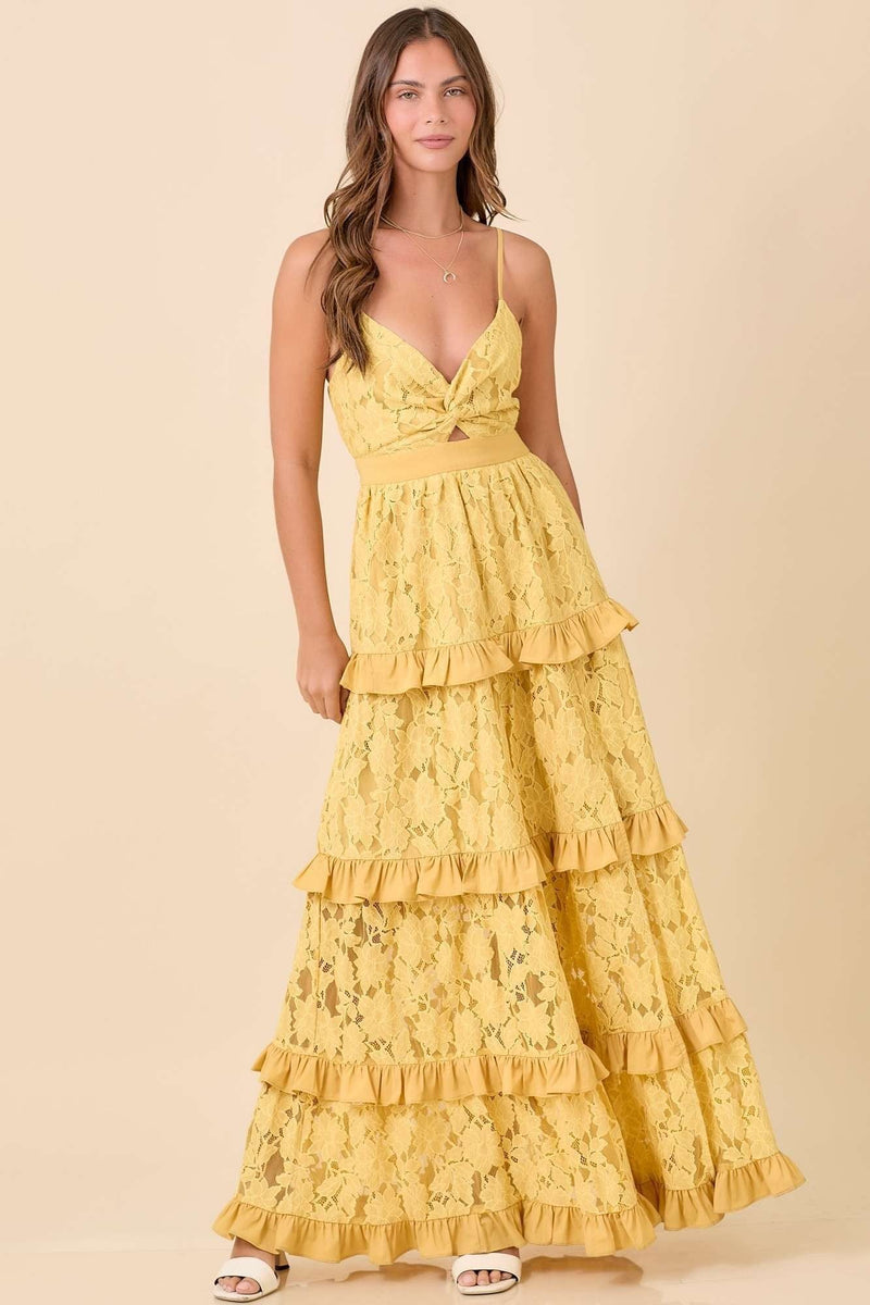 Mustard Gold Laced Ruffled Tiered Maxi Dress with Adjustable Straps Medium