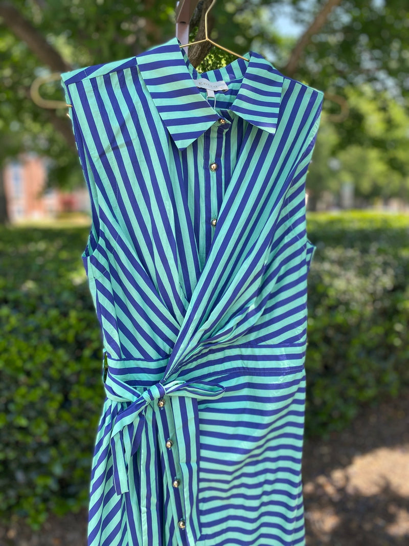 Navy And Mint Striped Midi Wrap Dress