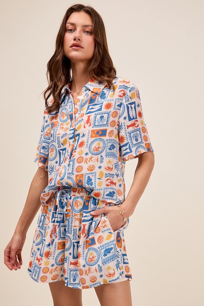 Navy And Orange Tropical Tile Print Flowy Top And Shorts Set with Side Pockets Medium