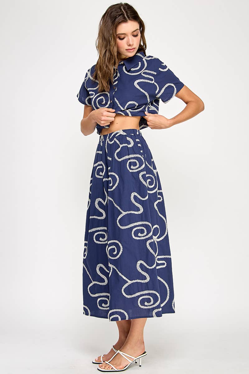 Navy and White Embroidered Two Piece Matching Set Medium Navy and White Embroidered Two Piece Matching Set Medium