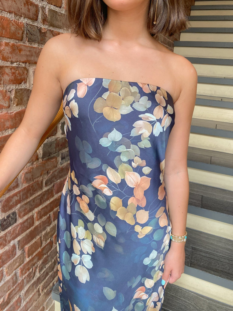 Navy Botanical Tube Tie Back Chest Cowl Back Waisted Maxi Dress Navy Botanical Tube Tie Back Chest Cowl Back Waisted Maxi Dress