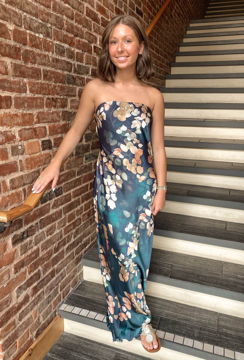 Navy Botanical Tube Tie Back Chest Cowl Back Waisted Maxi Dress