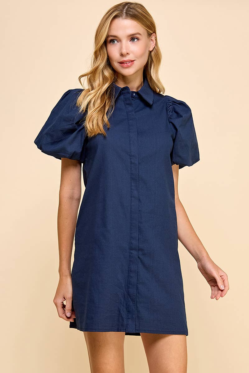 NAVY COLARED PUFF SLEEVE BUTTON DOWN SHIFT DRESS