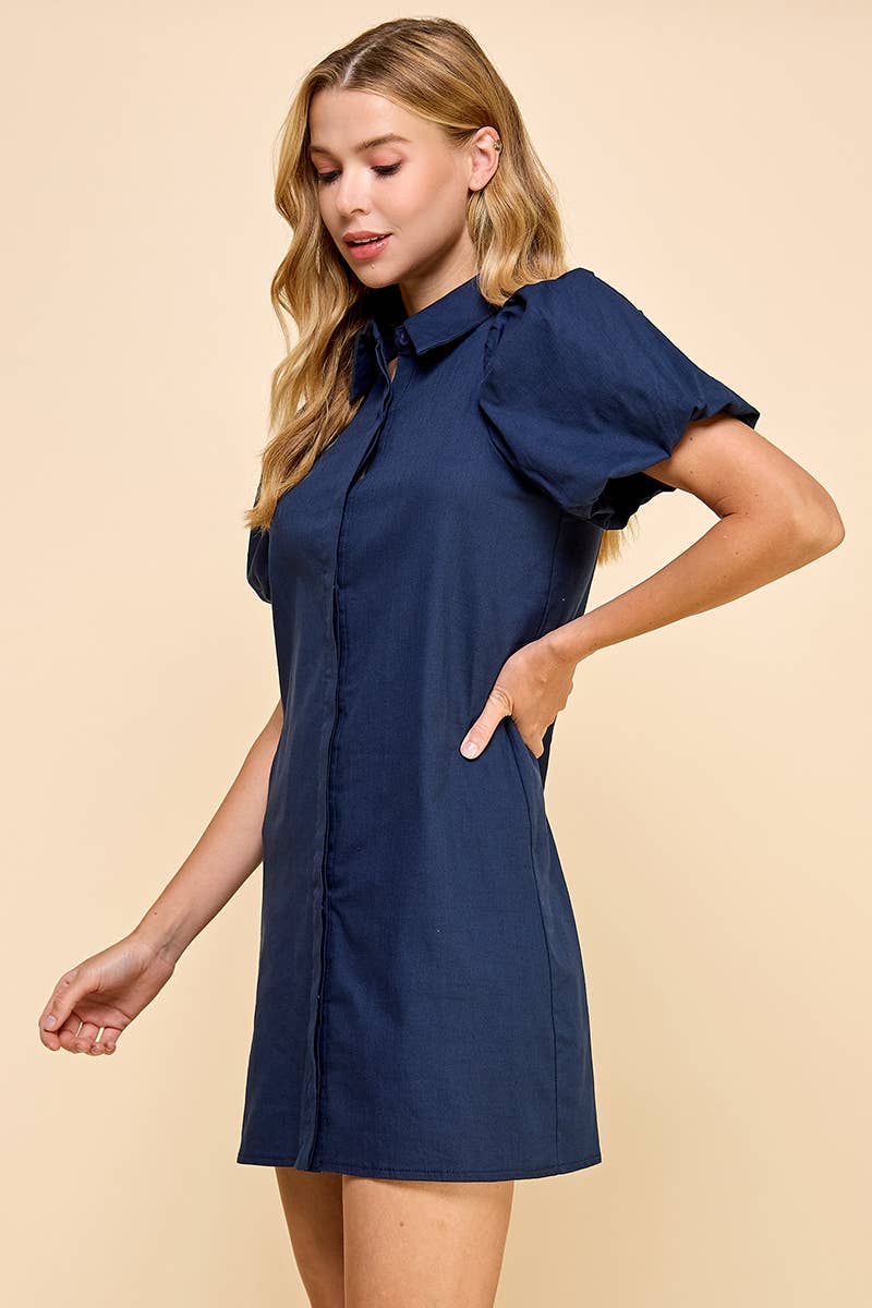 NAVY COLARED PUFF SLEEVE BUTTON DOWN SHIFT DRESS