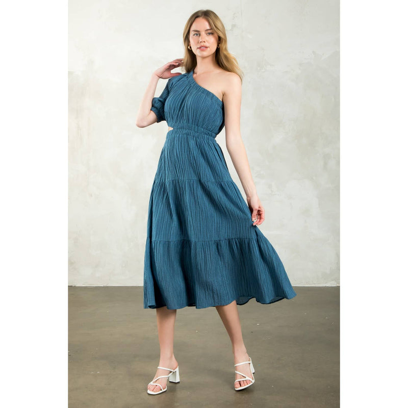 Navy One Shoulder Puff Sleeve Textured Dress X-Large Navy One Shoulder Puff Sleeve Textured Dress X-Large
