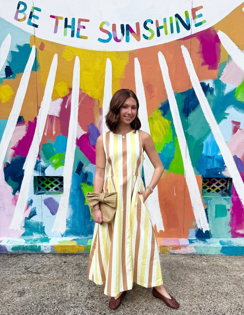striped midi summer dress Pink Striped Midi Dress With Pockets, Sleeveless Summer Dress, A-line  Cotton Dress, Vacation Dress for Women