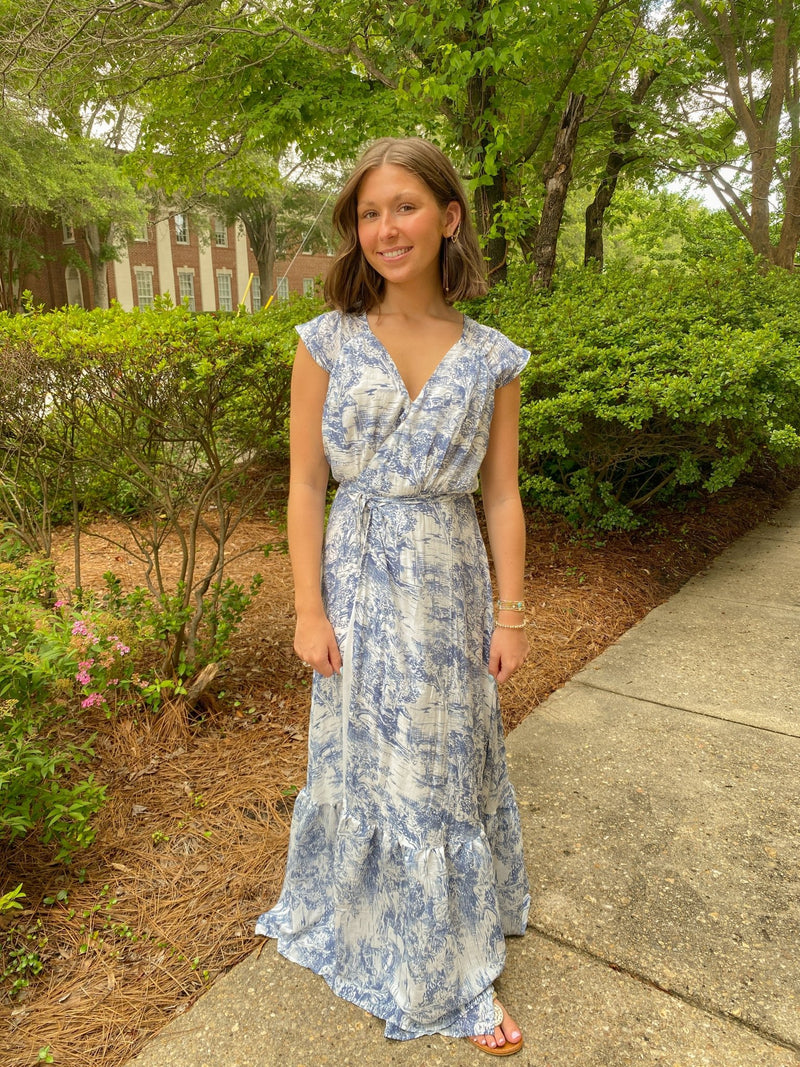 Buy Off White And Blue Cap Sleeve Wrap Maxi Dress Online