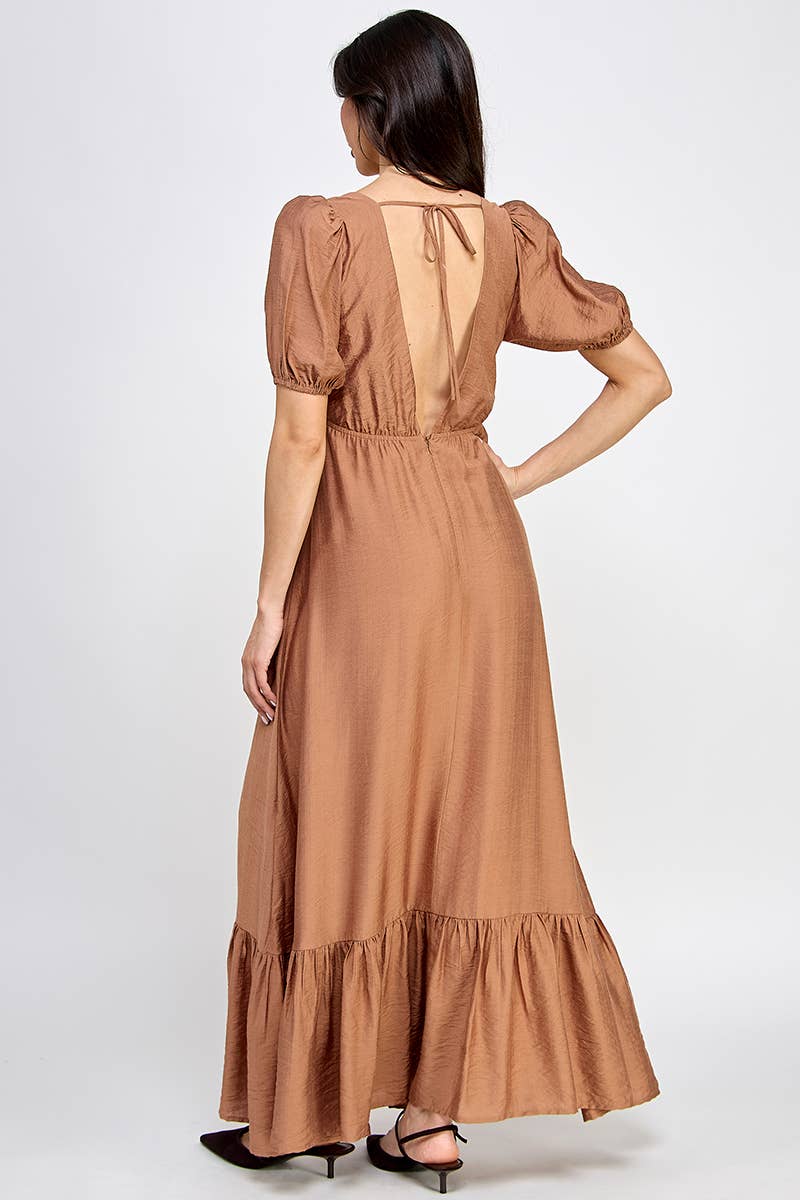 short peasant dress Peasant Short Sleeve Tie Front Maxi Dress