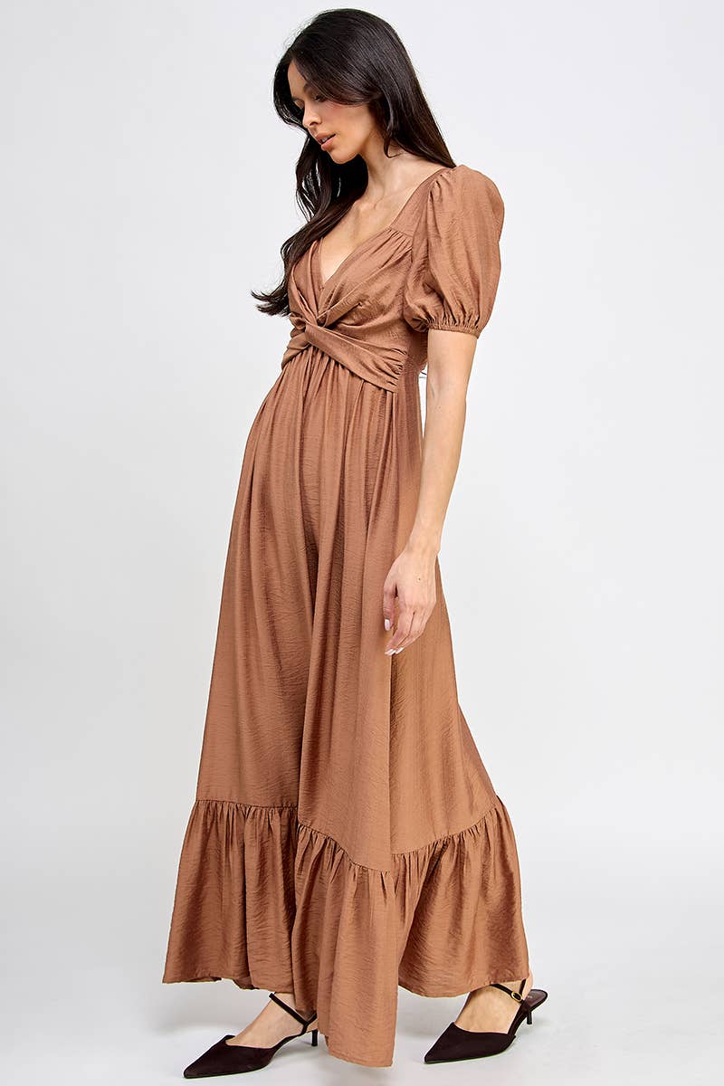 Peasant Short Sleeve Tie Front Maxi Dress Peasant Short Sleeve Tie Front Maxi Dress