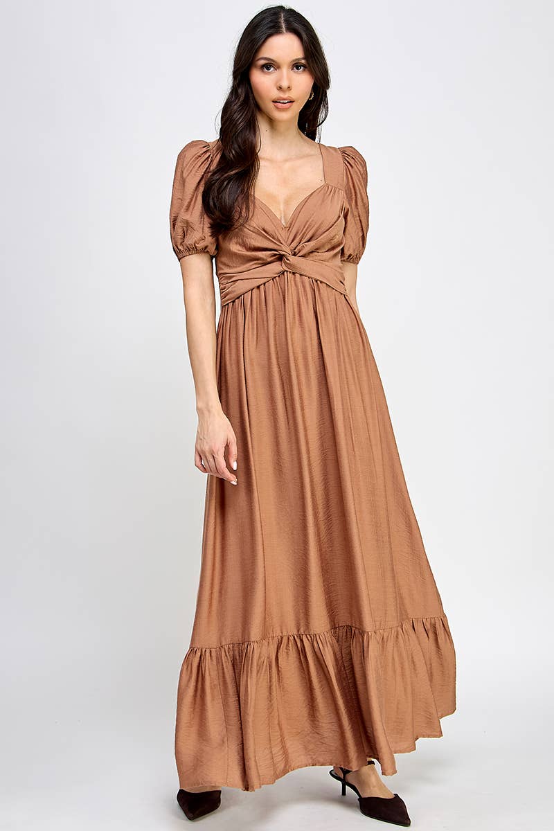 Peasant Short Sleeve Tie Front Maxi Dress Peasant Short Sleeve Tie Front Maxi Dress