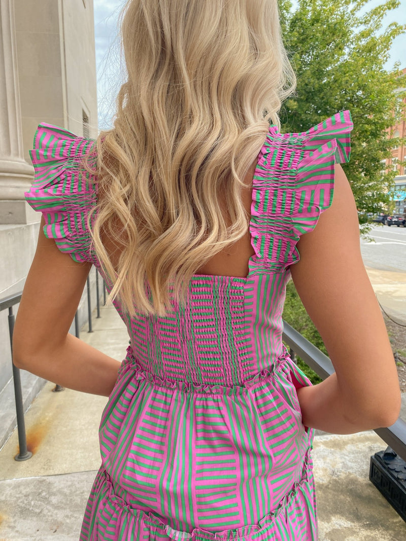 Valda Striped Aurie Tiered Midi Dress PINK-GRN-MUL / L
