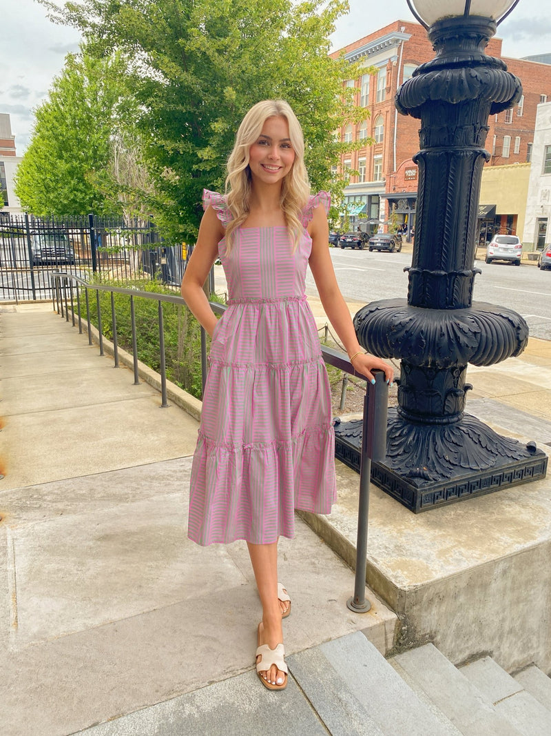 Valda Striped Aurie Tiered Midi Dress PINK-GRN-MUL / L