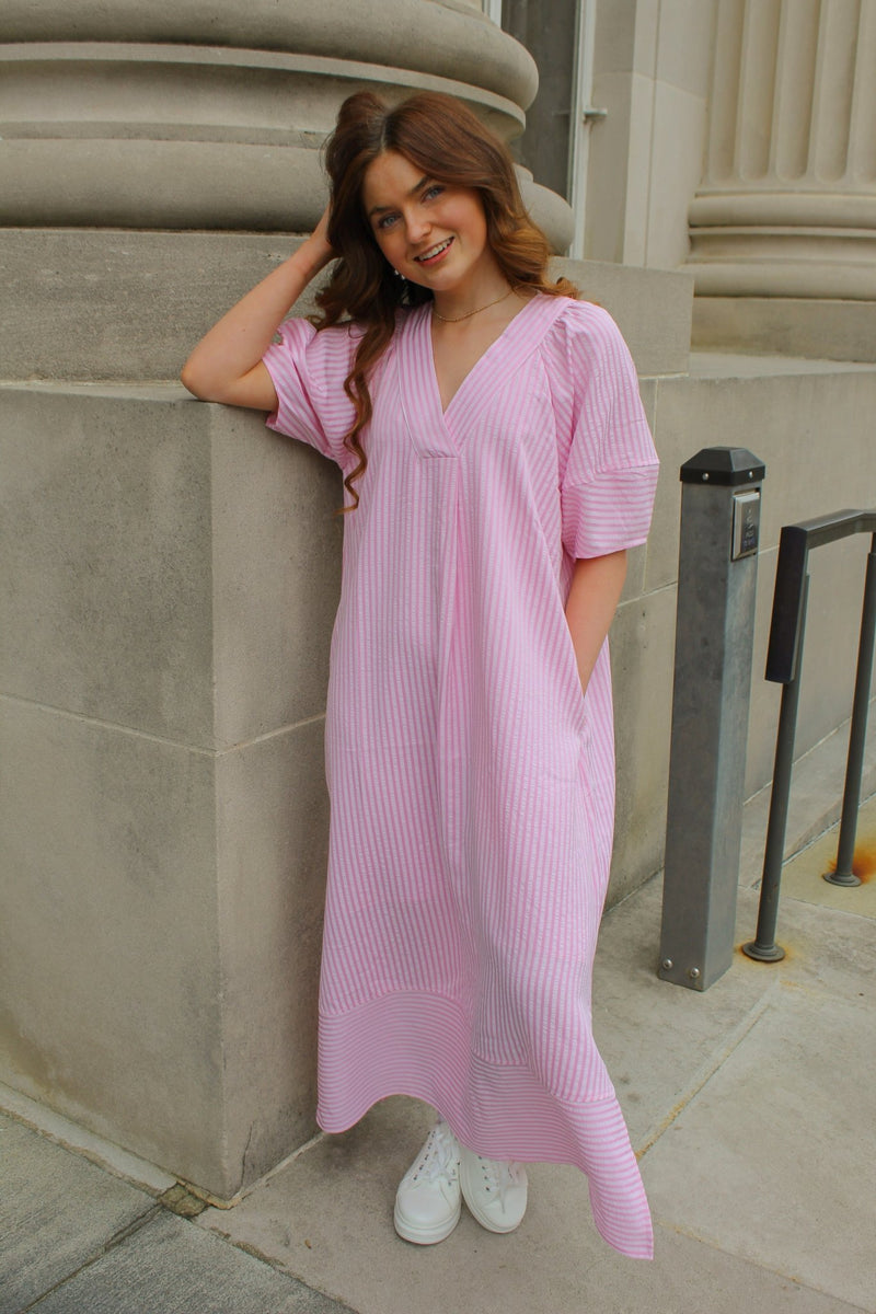 pink short sleeve maxi dress and Light Pink Contrast Striped V-Neck Loragal Off Shoulder Wrinkle Rental Time:4 days Light Pink Short Sleeve WebColor_LSBDACORNBOBBY