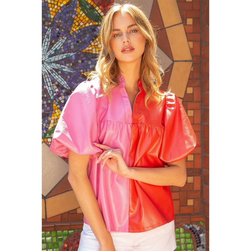 PINK AND RED COLORBLOCK LEATHER TOP