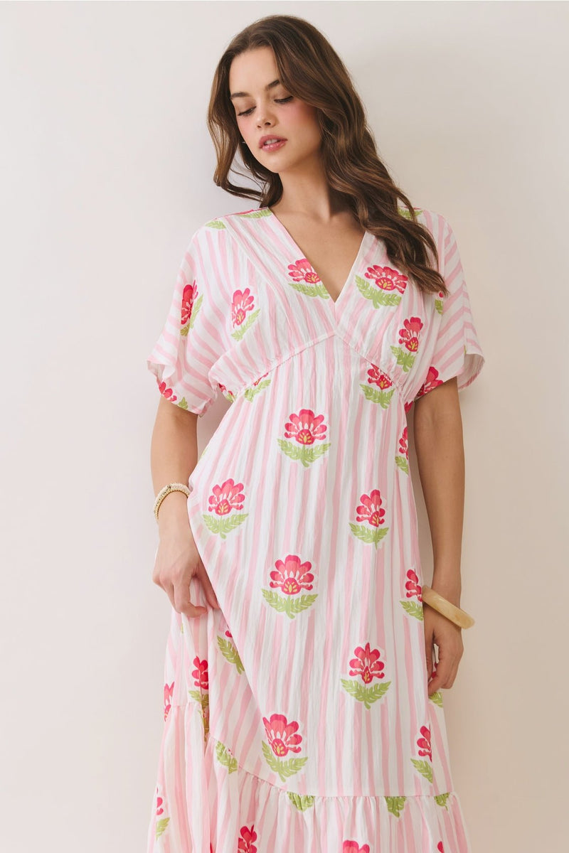 pink and white vertical striped dress Pink & Green Striped Puff Sleeve Maxi Dress Large