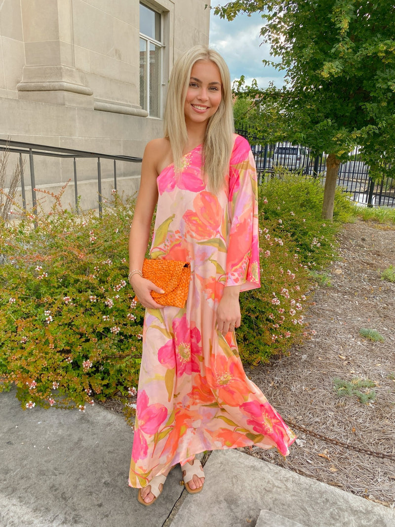 pink dress with orange flowers Pink And Orange Floral Print Belted Wrap Midi Dress 8