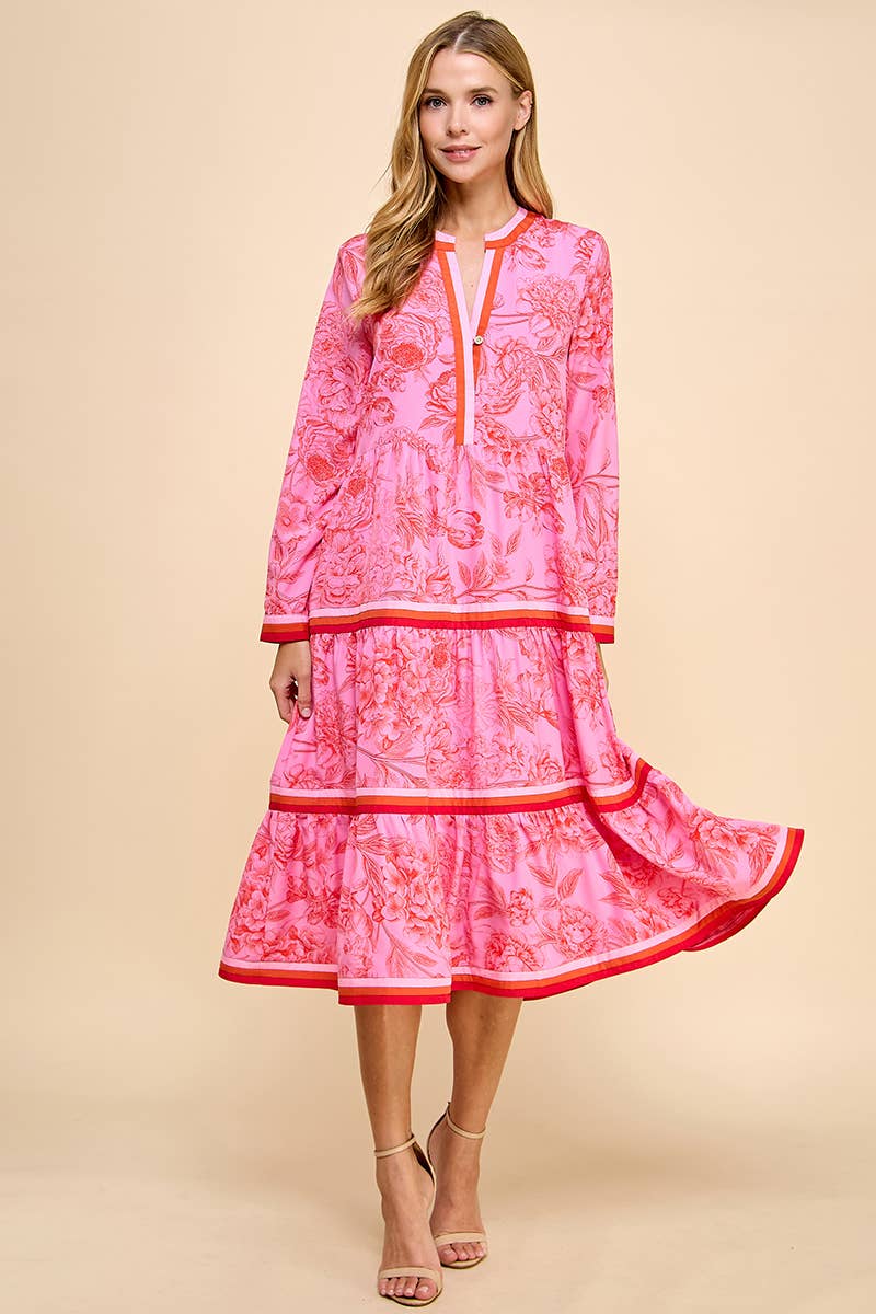 Pink Floral Print Tiered Stripe Midi Dress Large Pink Floral Print Tiered Stripe Midi Dress Large