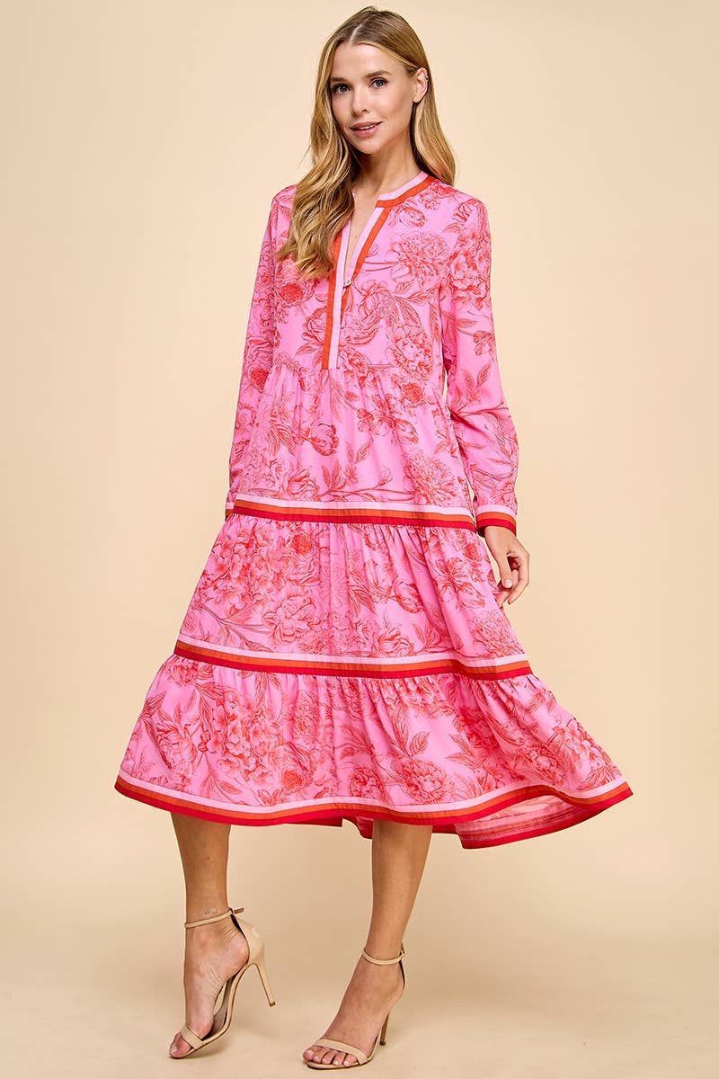 open lace back dress Pink Floral Print Tiered Stripe Midi Dress Large